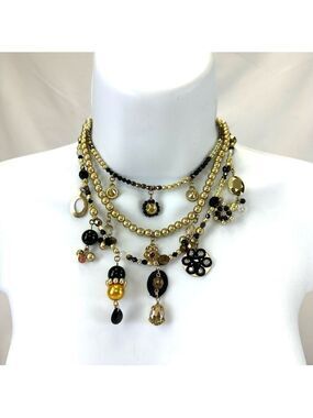 Moda International gold black triple strand charm necklace NEW Canadian Designer